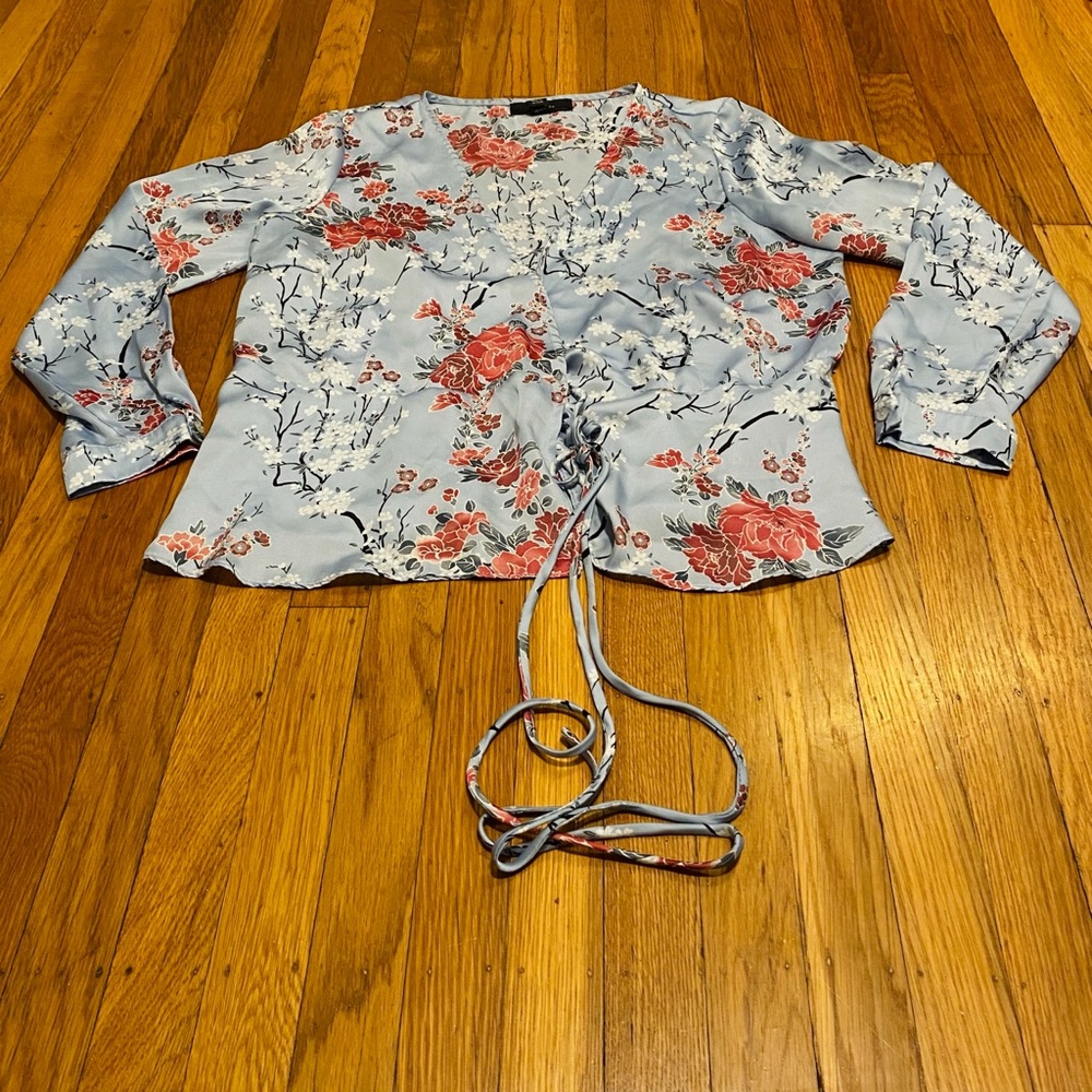 Forever 21 Wrap Style Silky Blouse Japanese Print